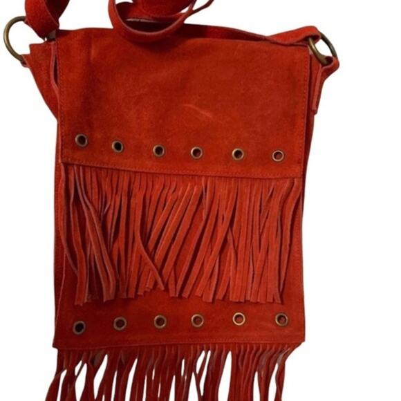 Red suede‎ leather double fringed shoulder bag New without tags. - Picture 1 of 11